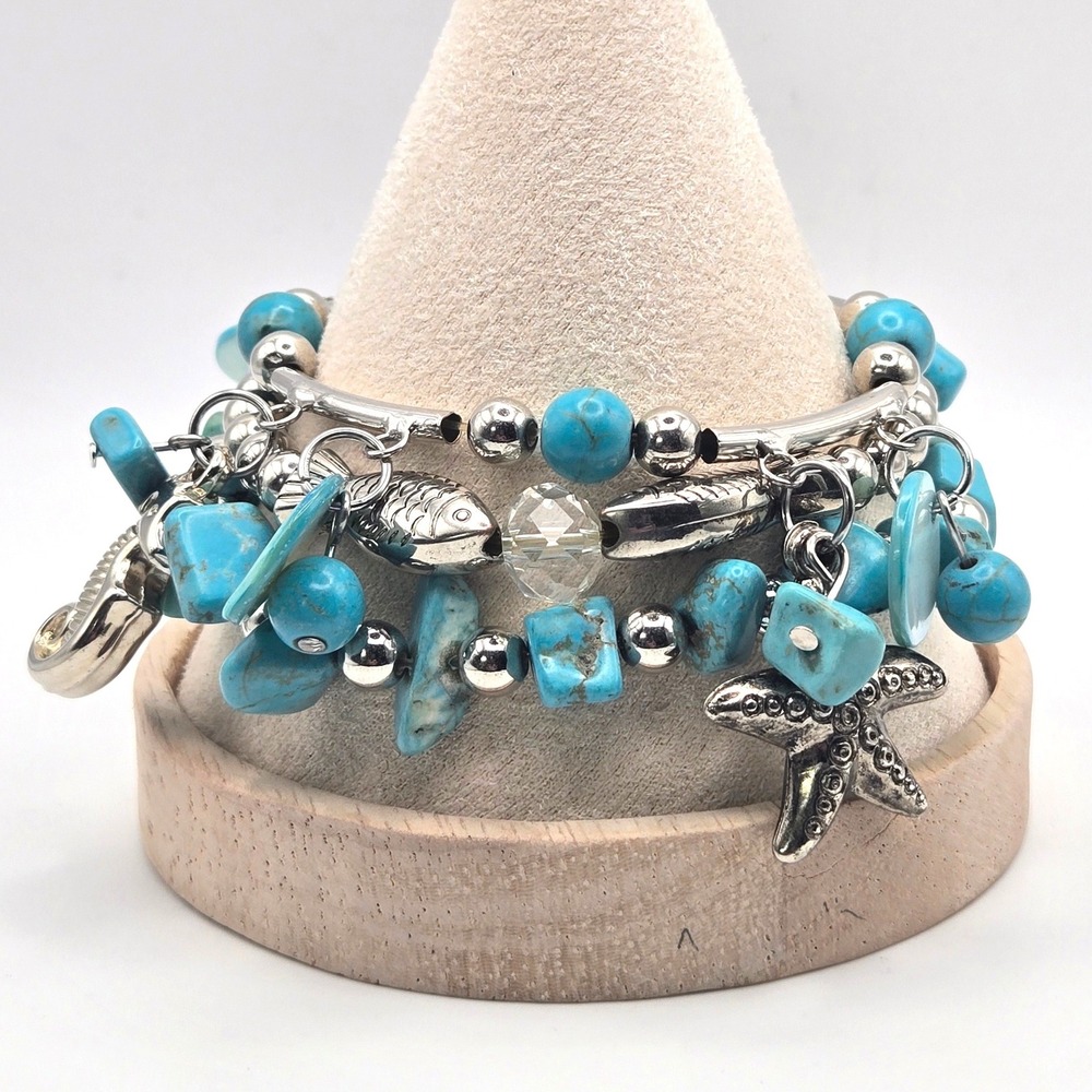 Turquoise Stone Shell Sea Life Charm Multi Strand Stretch Bracelet Starfish Fish